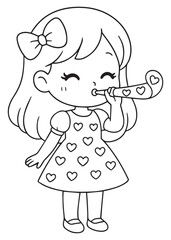 coloring book girl blowing a party horn with little hearts around, playful Valentine celebration.