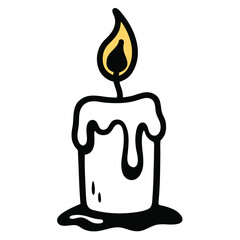 Hand drawn sketch icon of a melting candle with dripping wax and a subtle flame perfect for ambiance and warmth themes
