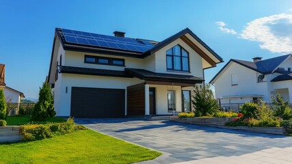 Solar-powered two-story house with spacious yard and garage, featuring contemporary architecture.