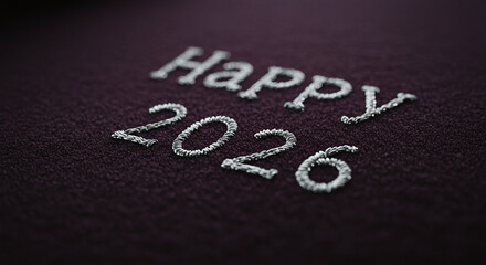 Happy new year message embroidered with silver thread on a dark fabric for the year of twenty twenty six