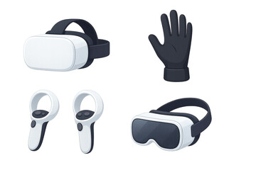Exploring the World of Virtual Reality: Diverse VR Equipment Including Headsets, Controllers, and Gloves for Immersive Experiences isolated on white or transparent png