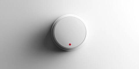 Fototapeta premium A single, circular, white electrical switch is mounted on a stark white wall. A focused beam of light illuminates the switch, creating a bright highlight on its surface 