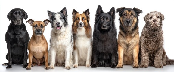 Seven dogs of varying breeds are lined up side-by-side against a white background, showcasing their unique coat colors and sizes
