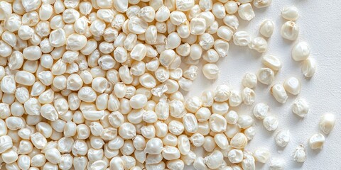 A large pile of pearl millet grains spills out onto a white surface. The grains are small, round, and creamy white in color. Some grains are whole, while others have begun to crack and split open