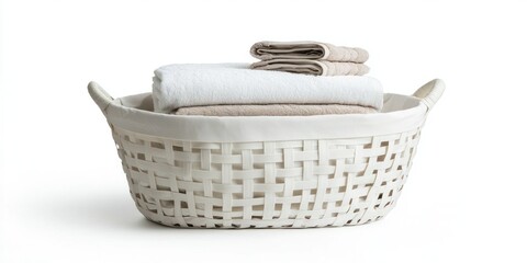 Obraz premium A white woven laundry basket sits on a white surface, holding a stack of folded white towels. The basket has a woven design with a light-colored frame and handles. The towels are neatly stacked 