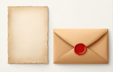 Old-fashioned letter and blank paper. The tan envelope has a red wax seal next to a vintage-looking blank paper with a textured edge