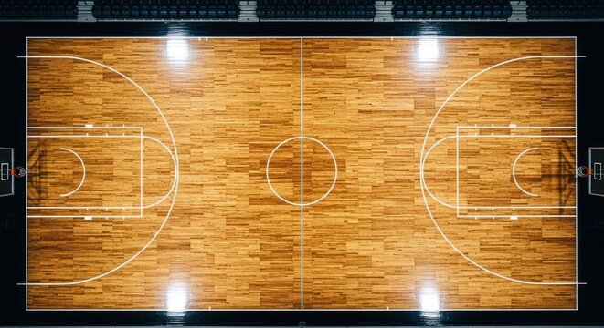 Overhead view of a basketball court with wooden floor, white lines, and bright overhead lights.
