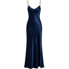 Navy blue satin slip dress with thigh slit