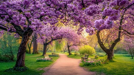 Naklejka premium Spring Park with Blooming Pink Cherry Blossom Trees and Sunlight Filtering Through