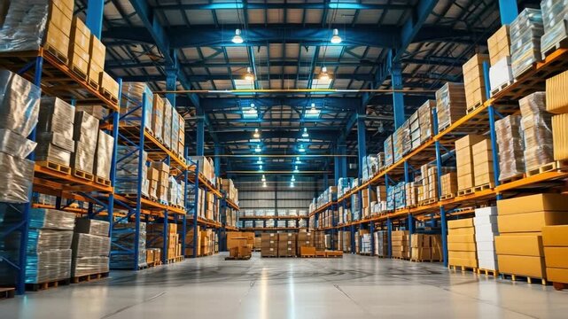 Warehouse storage with stacked cardboard boxes metal shelves bright industrial lighting spacious facility featuring tall metal