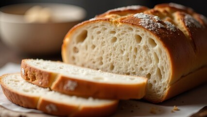 Sliced loaf of rustic white bread on a wooden board, ready to eat