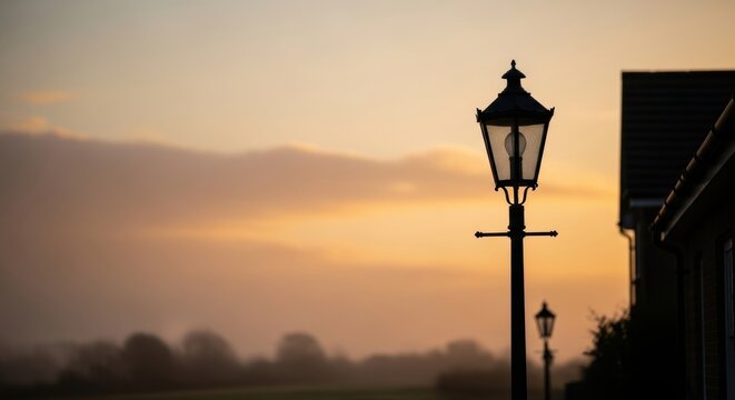 Vintage street lamp silhouetted against a tranquil sunset
