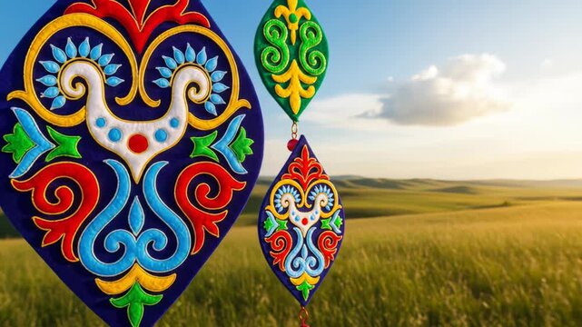 Kazakhstan ornament on field. Beautiful Kazakhstan ornament with traditional pattern against a backdrop of golden fields and sunny sky makes for striking imagery. Kazakhstan ornament is an art piece,