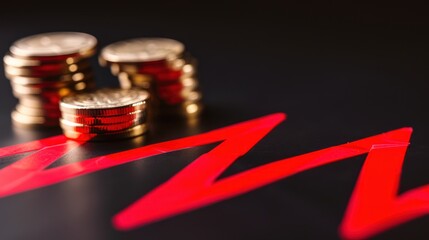 Stacked Coins and Red Line Graph on Black Background for Financial Growth
