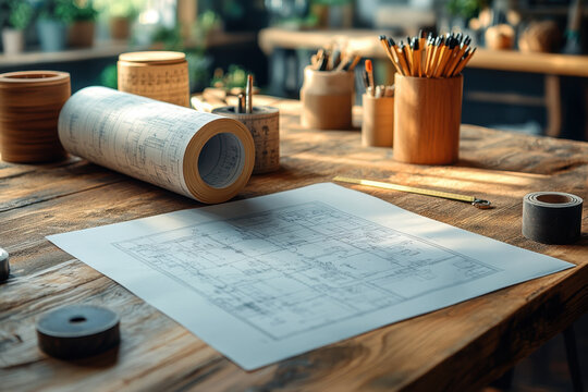 Pencils scattered on a blueprint on a table
