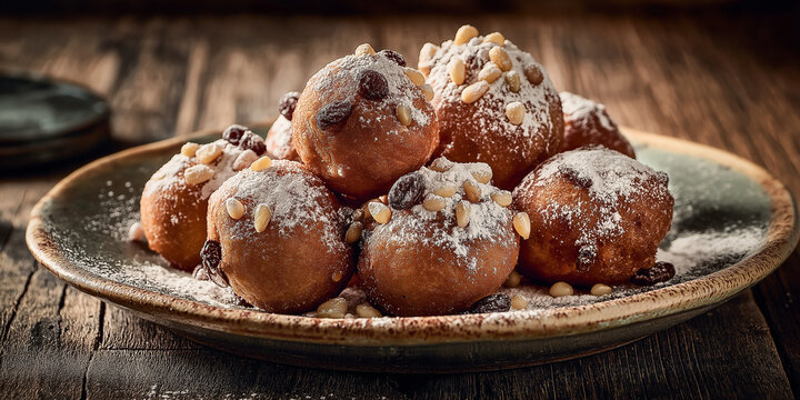 Fritole Veneziane, traditional Venetian fried sweet dough balls with raisins and pine nuts, dusted with powdered sugar, served on rustic ceramic plate