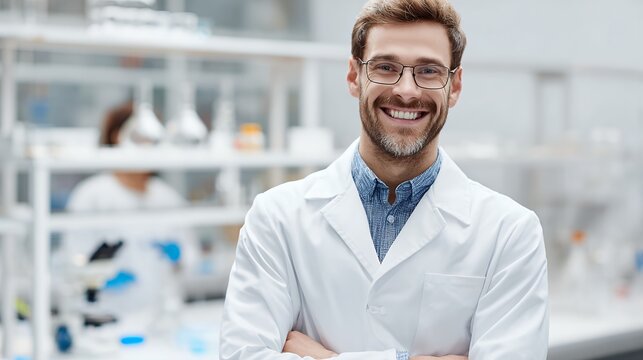 medical professional scientist researcher laboratory coat smiling research facility healthcare education stem