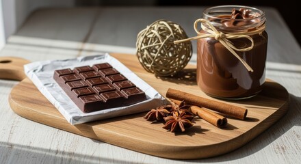 Chocolate bar and jar with cinnamon and anise on wooden board in sunlight