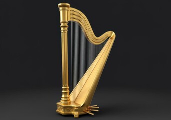 Elegant golden harp musical instrument with many strings in studio lighting