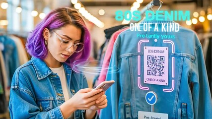 A woman with purple hair uses her phone to interact with a futuristic augmented reality product tag on a vintage jacket in a store - Powered by Adobe