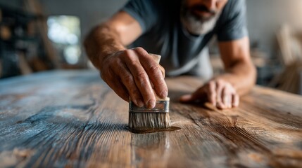 Applying clear varnish to enhance the smooth finish of wood in a workshop environment during daylight hours