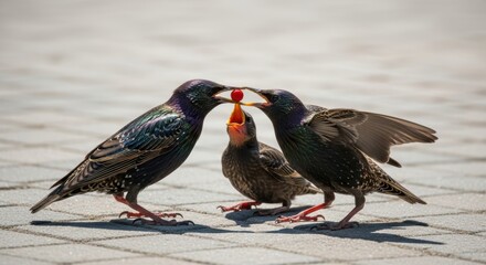 Three starlings interacting: adult birds feeding baby on paved ground