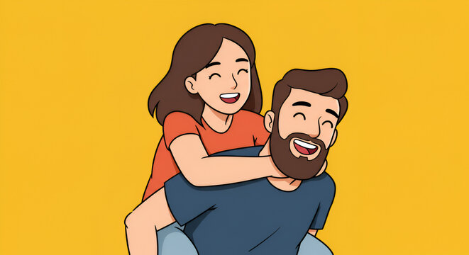 Cartoon illustration of a happy couple enjoying a piggyback ride with bright smiles