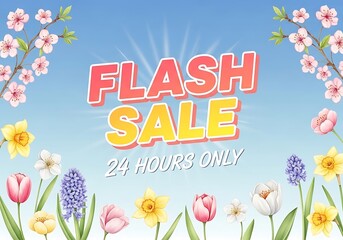 Springtime flash sale banner adorned with delicate floral illustrations against a light blue sky.