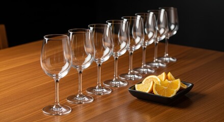 Elegant glassware arrangement with sliced lemons on wooden table