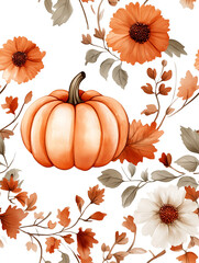 Orange pumpkin surrounded by fall flowers and leaves seamless pattern. White background highlights the seasonal elements of autumn
