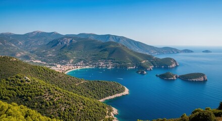 Idyllic Mediterranean Coastline With Lush Green Hills Meeting Azure Waters