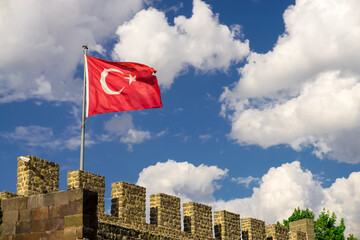 13 July 2025 Erzurum Turkey. Historical clock tower tepsi minaret from Saltuk era in city center with architectural details and war artifacts