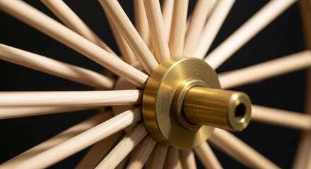 Close-up of wooden wagon wheel spokes and brass hub against black background