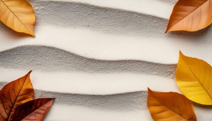 Close-up autumn leaves resting on soft wavy sand