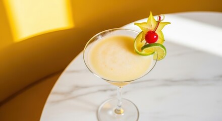Tropical martini cocktail on marble table with starfruit and cherry garnish
