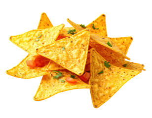 Pile of triangular tortilla chips, golden yellow, topped with melted cheese and chopped tomatoes/onions, garnished with cilantro