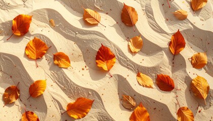 Dry autumn leaves scattered on wavy sand texture