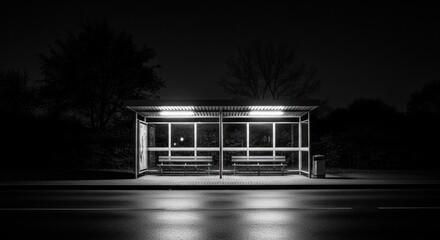 Empty bus stop at night with illuminated shelter and silent street scene