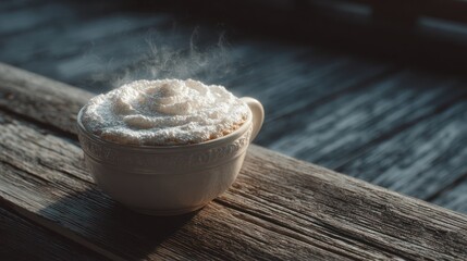 Steaming Hot Cappuccino in White Mug on Wooden Dock Near Water