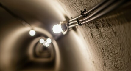 Dimly lit underground tunnel with exposed electrical wiring