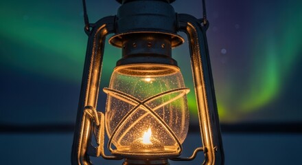 Vintage lantern with flickering flame against northern lights backdrop