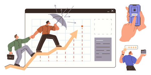 Professionals climbing an upward graph while holding an umbrella against challenges, smartphone lock, and feedback rating. Ideal for teamwork, growth, business strategy, digital security, innovation