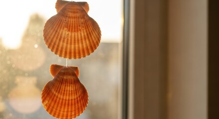 Sunlit sea shells hanging by window in evening light