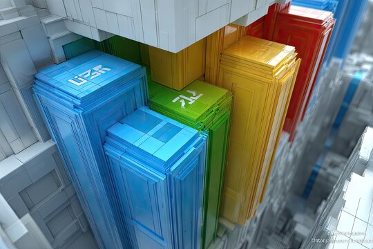 Colorful rectangular blocks within a complex white structure