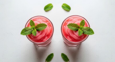 Refreshing watermelon smoothies with mint leaves on white background