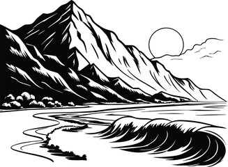 Fototapeta premium mountain lake scenic landscape, snowy peaks, rocky shore, calm water reflection, black and white illustration, detailed digital art 