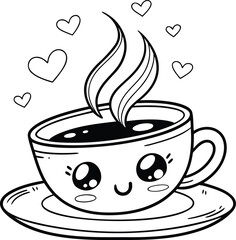 a cup of coffee, cute cartoon mug, hot steaming beverage, coffee beans, minimalist line art, black and white, simple illustration, digital drawing
