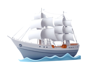 3D rendering of a classic sailing ship on waves