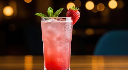 Refreshing strawberry mint drink with ice in glass on wooden table