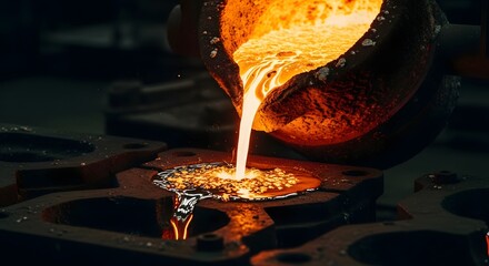 Fiery Molten Metal Stream Poured from Crucible into Industrial Casting Mold.